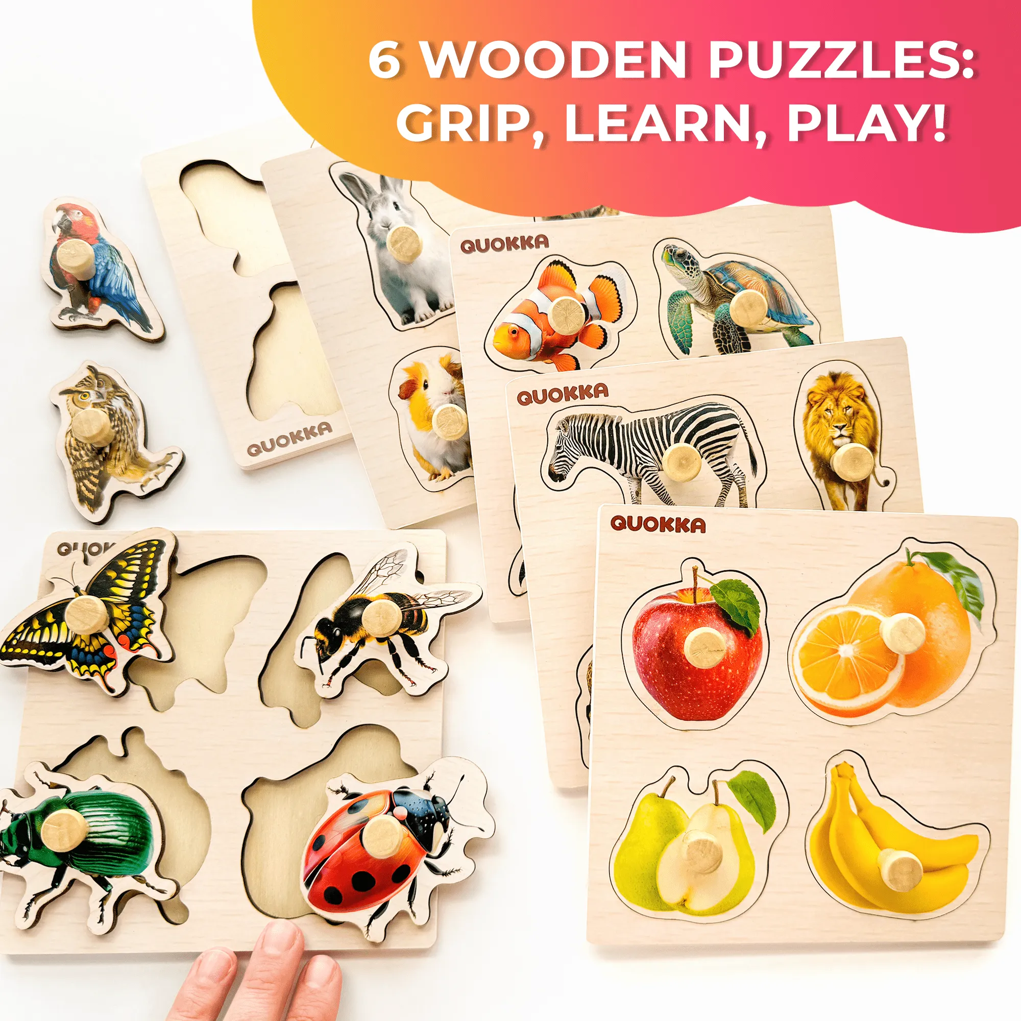 6 Set Realistic Wooden Puzzles for Toddlers | Animals, Fruits & Insects