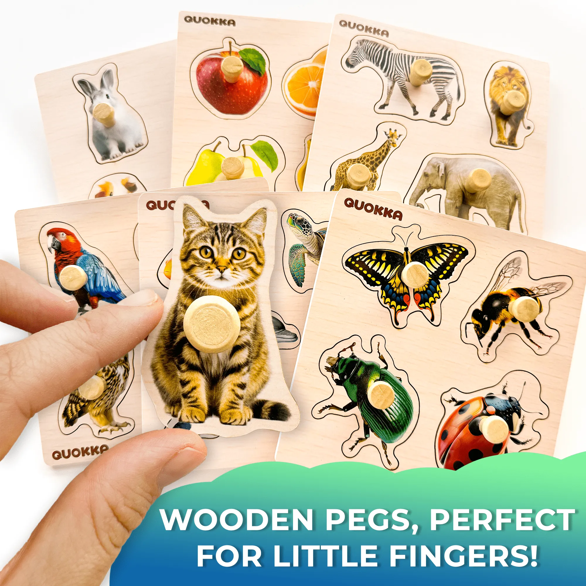 6 Set Realistic Wooden Puzzles for Toddlers | Animals, Fruits & Insects