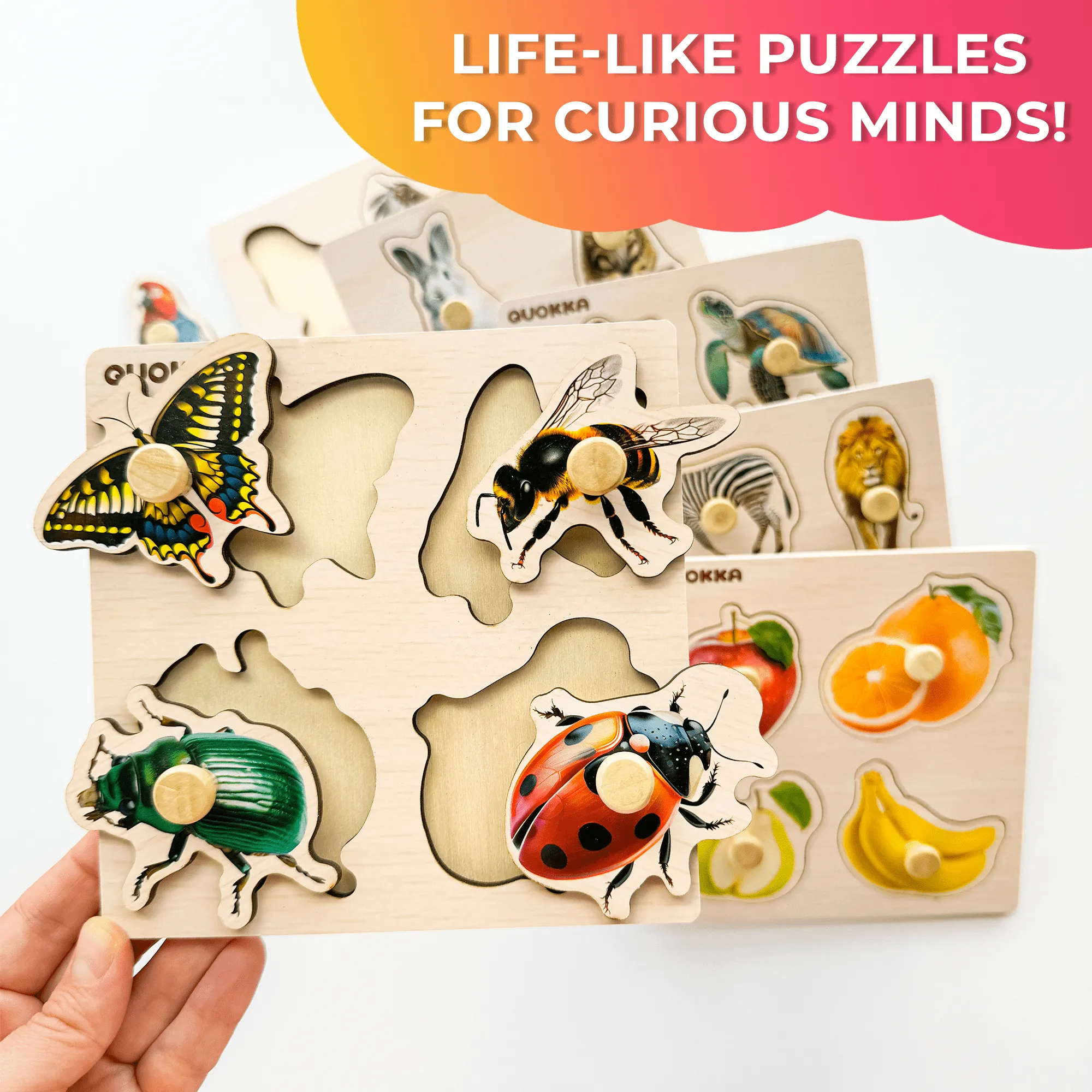 6 Set Realistic Wooden Puzzles for Toddlers | Animals, Fruits & Insects