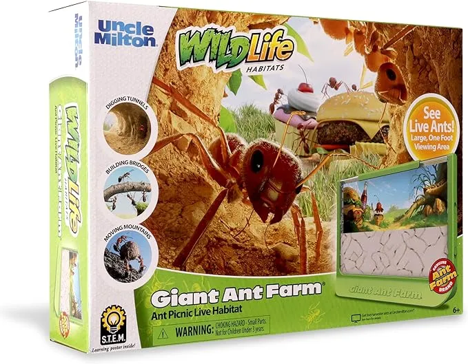 Basic Fun Uncle Milton Giant Ant Farm - Large Viewing Area - Care for Live Ants - Nature Learning Toy - Science DIY Toy Kit