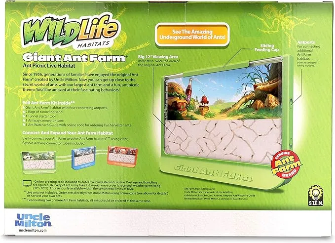 Basic Fun Uncle Milton Giant Ant Farm - Large Viewing Area - Care for Live Ants - Nature Learning Toy - Science DIY Toy Kit