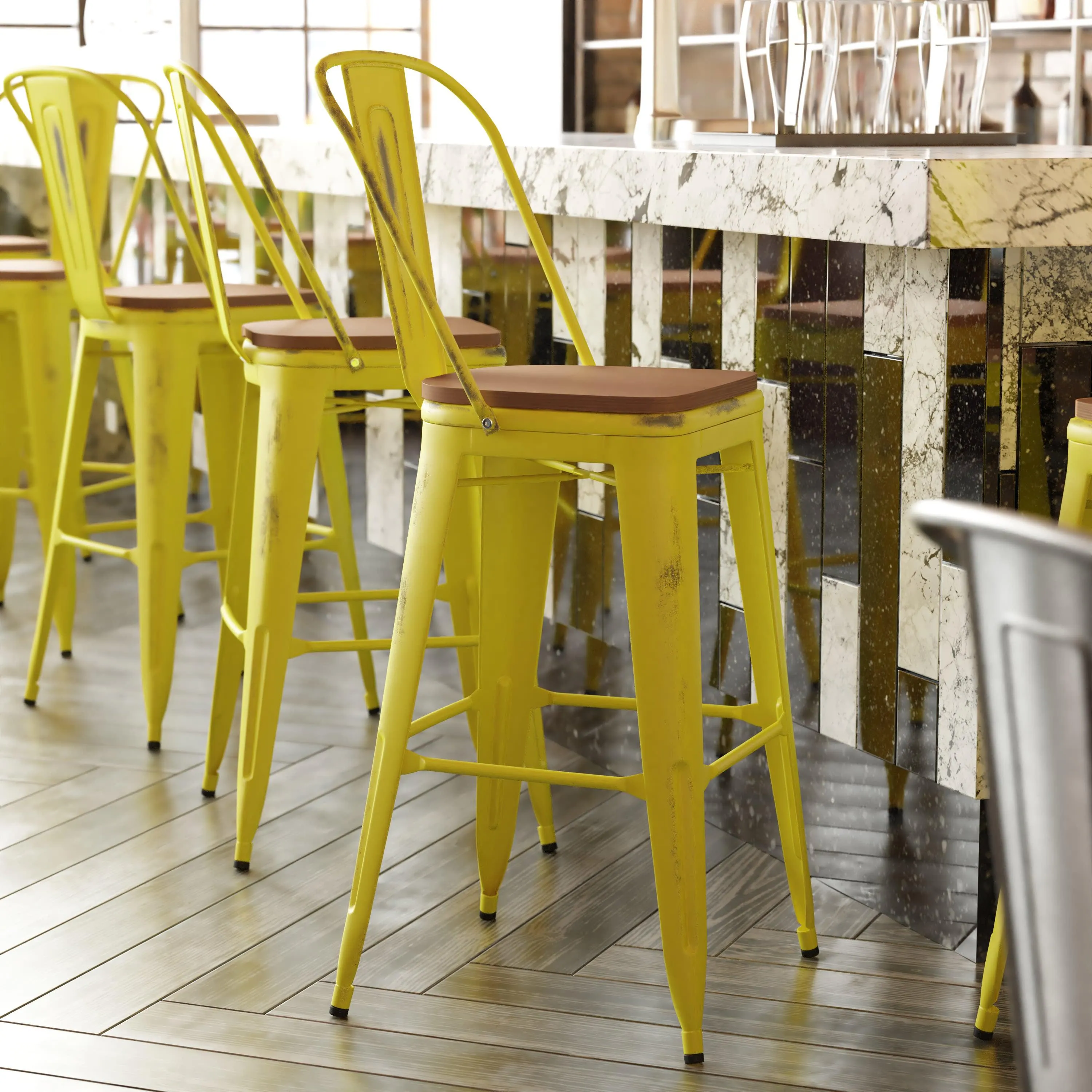 Carly Commercial Grade 30" High Metal Indoor-Outdoor Bar Height Stool with Back and Polystyrene Seat