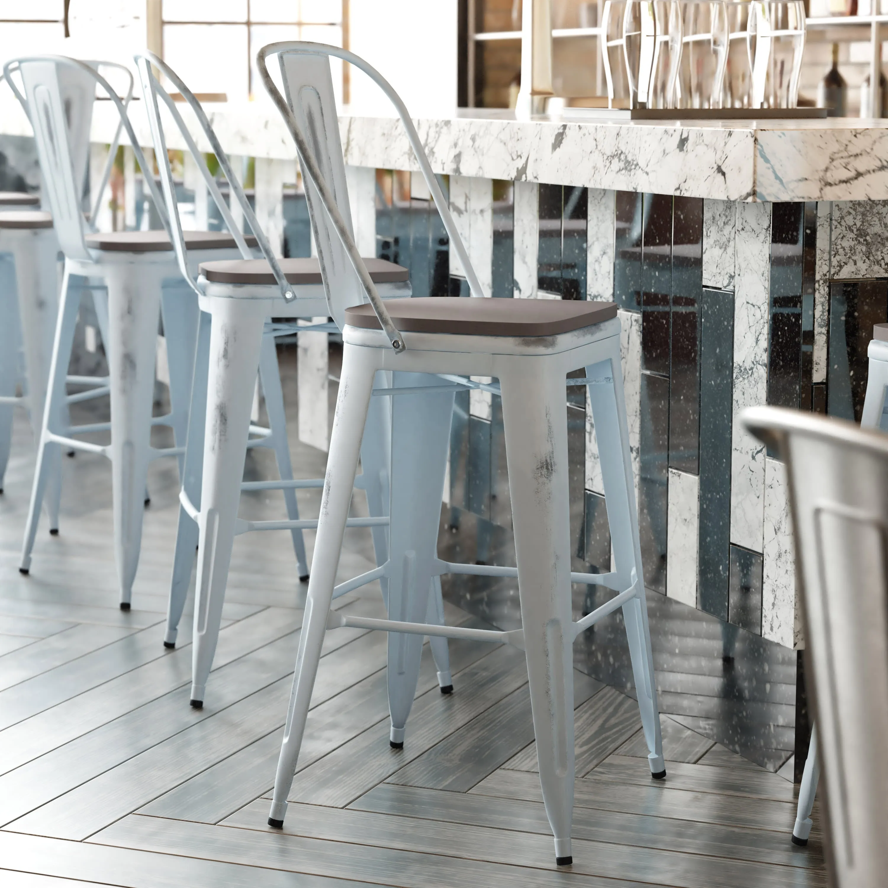 Carly Commercial Grade 30" High Metal Indoor-Outdoor Bar Height Stool with Back and Polystyrene Seat