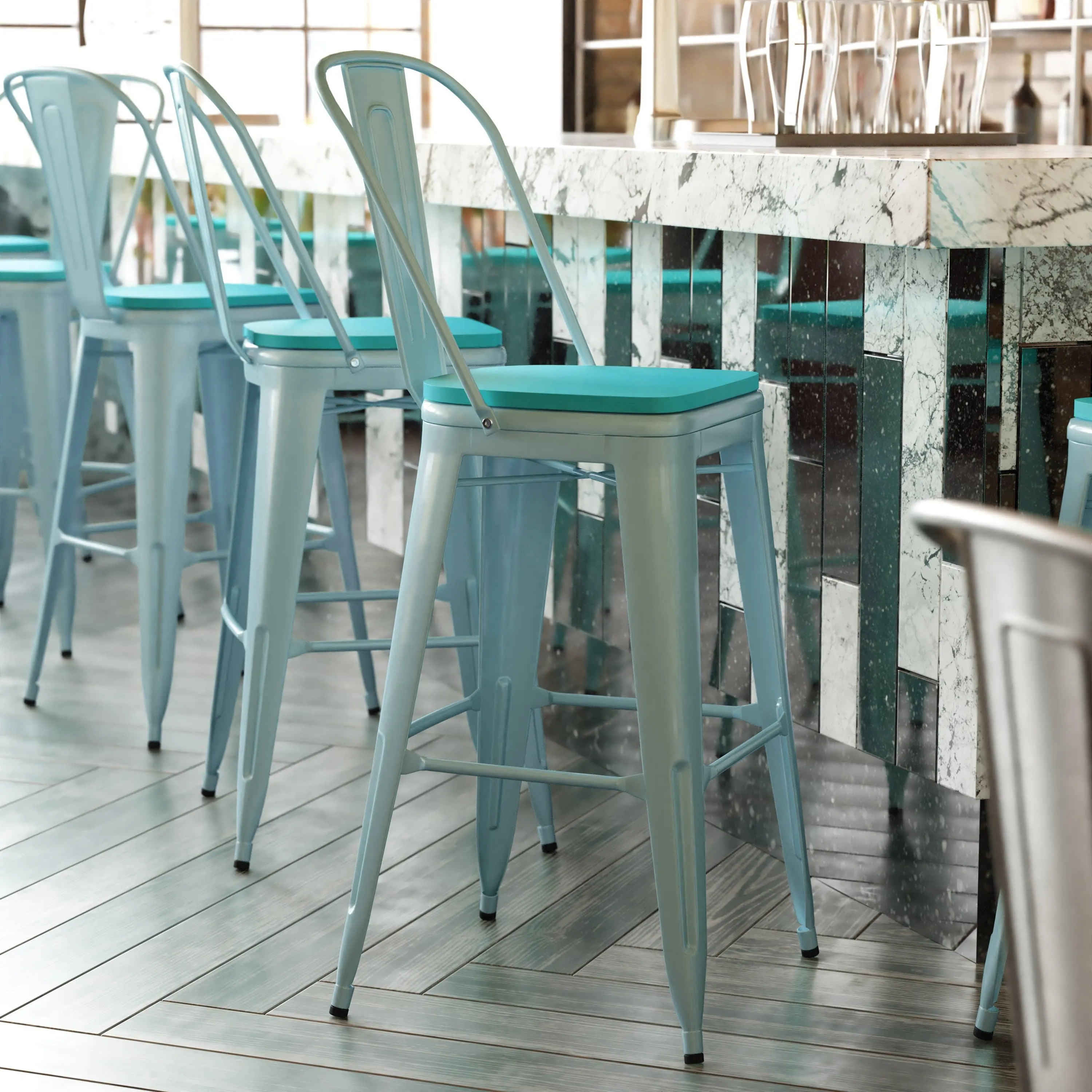 Carly Commercial Grade 30" High Metal Indoor-Outdoor Bar Height Stool with Back and Polystyrene Seat