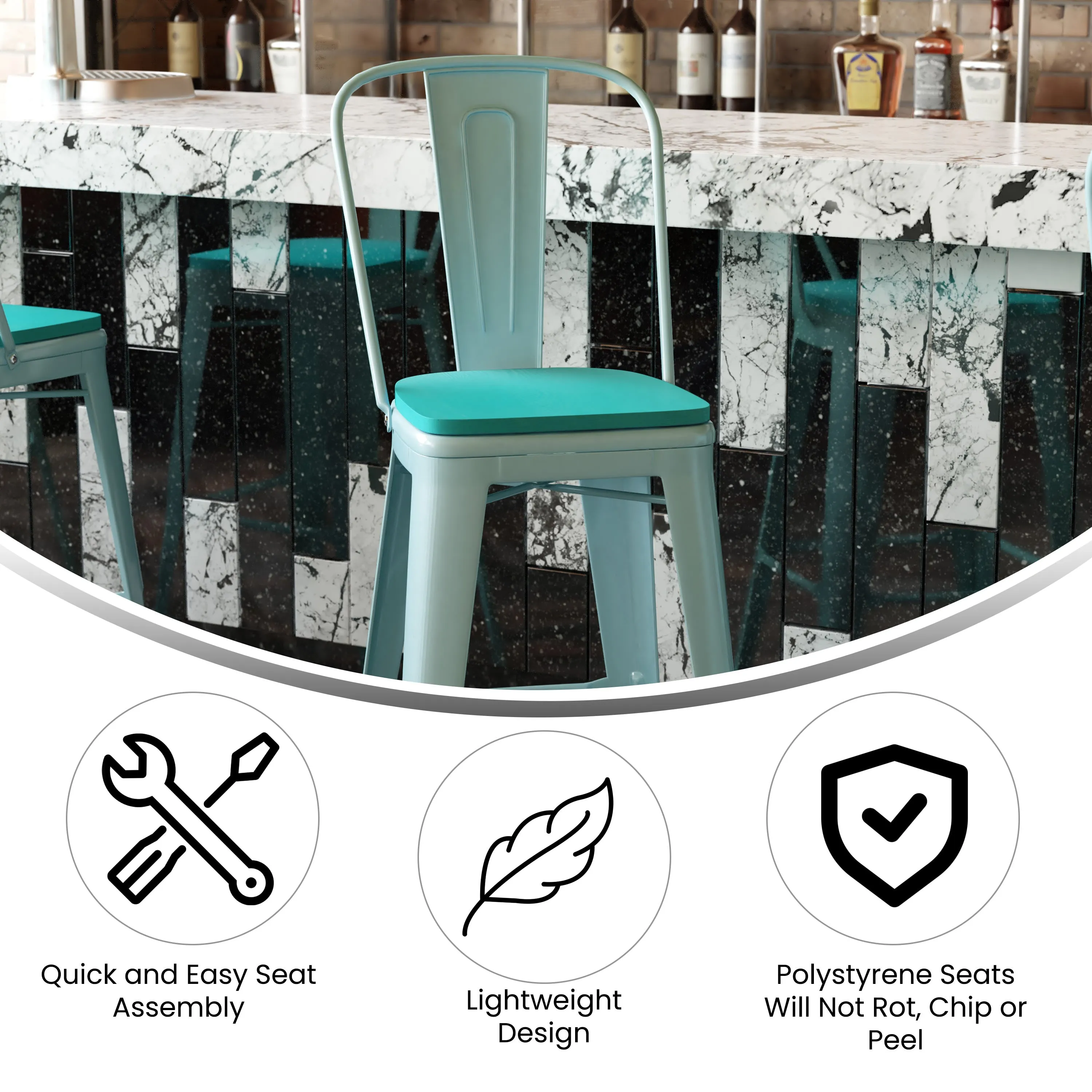 Carly Commercial Grade 30" High Metal Indoor-Outdoor Bar Height Stool with Back and Polystyrene Seat