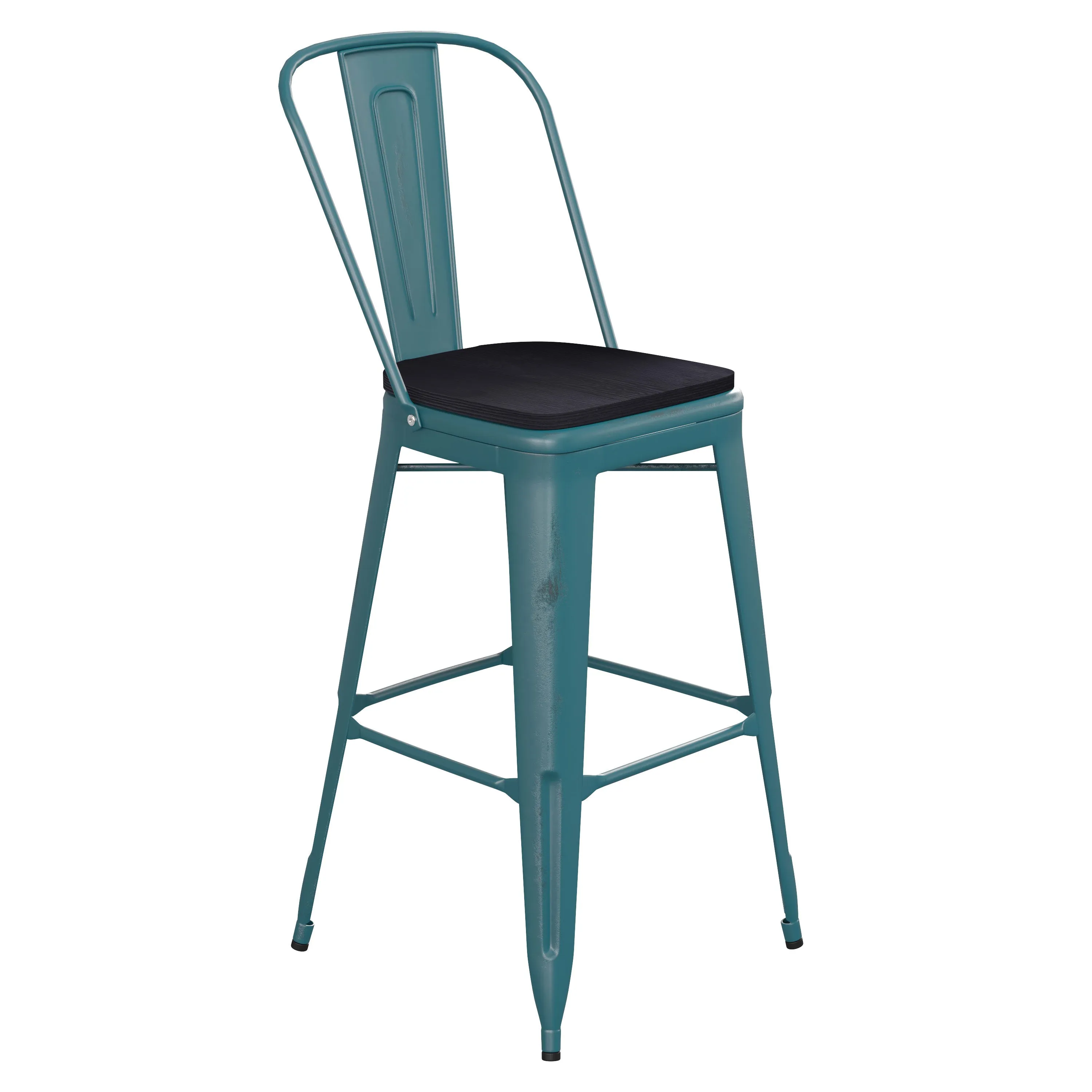 Carly Commercial Grade 30" High Metal Indoor-Outdoor Bar Height Stool with Back and Polystyrene Seat