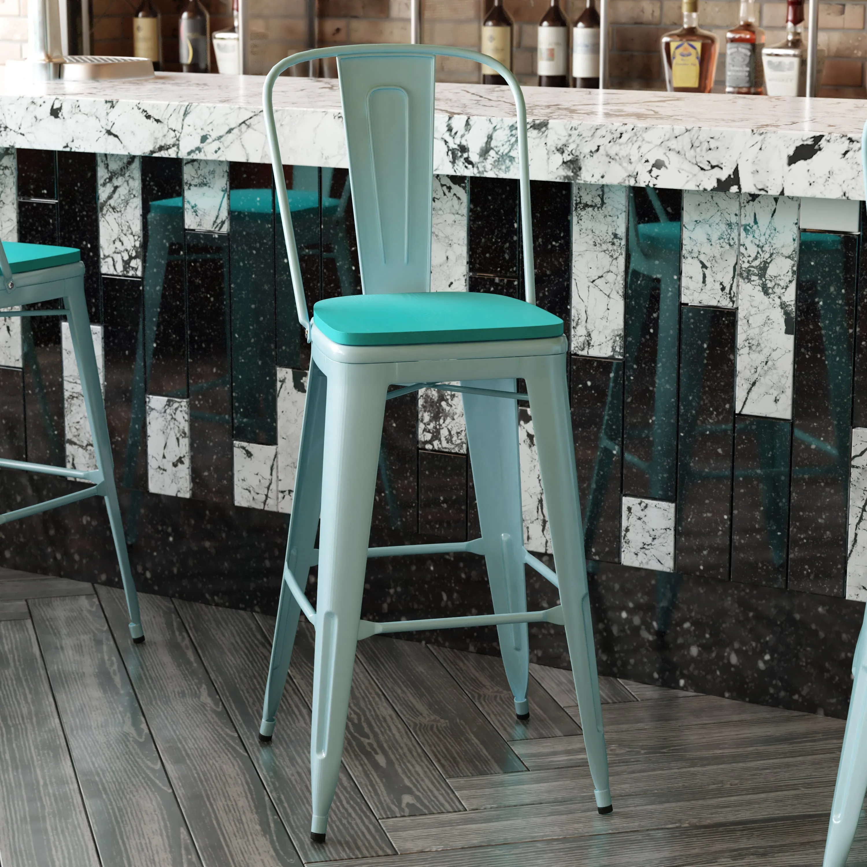 Carly Commercial Grade 30" High Metal Indoor-Outdoor Bar Height Stool with Back and Polystyrene Seat