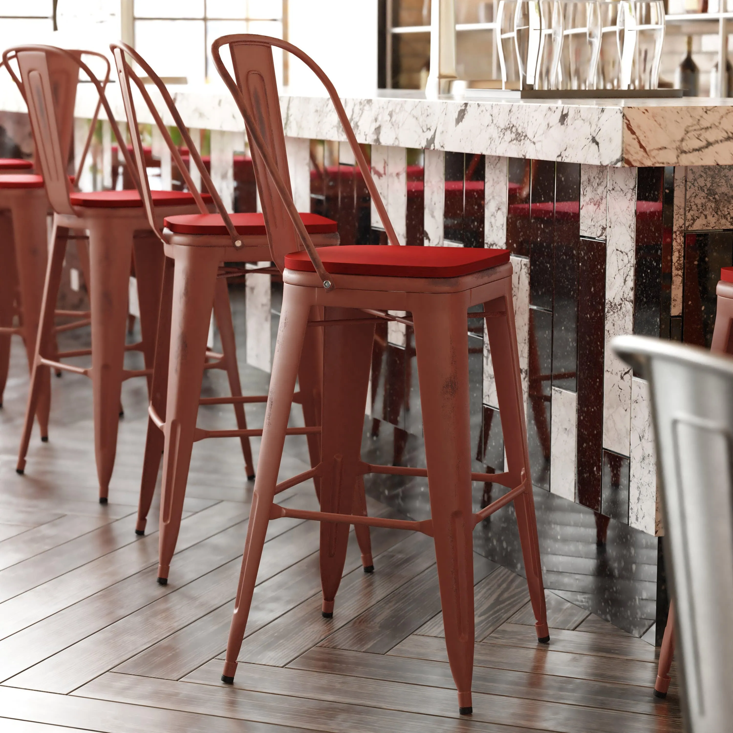 Carly Commercial Grade 30" High Metal Indoor-Outdoor Bar Height Stool with Back and Polystyrene Seat