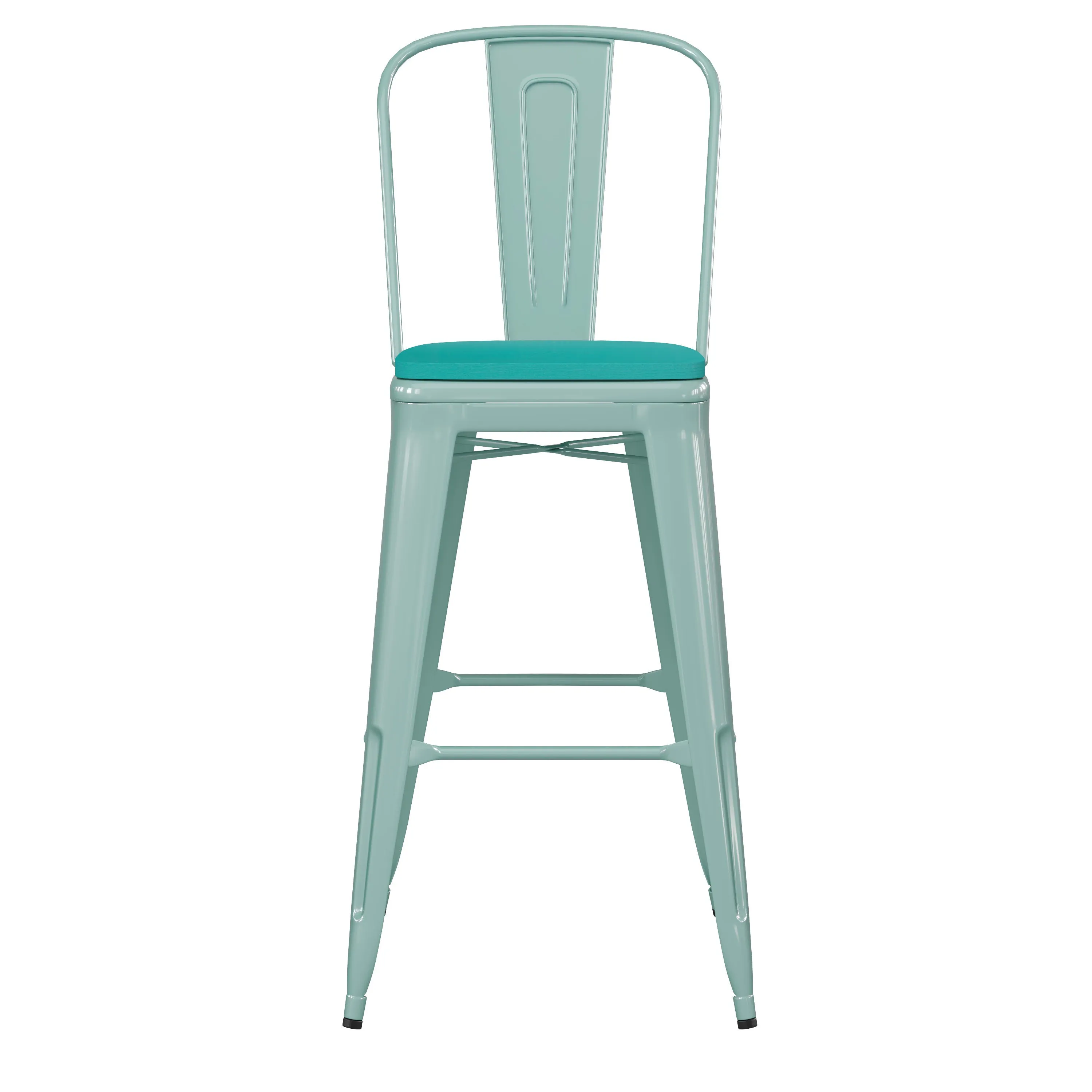 Carly Commercial Grade 30" High Metal Indoor-Outdoor Bar Height Stool with Back and Polystyrene Seat