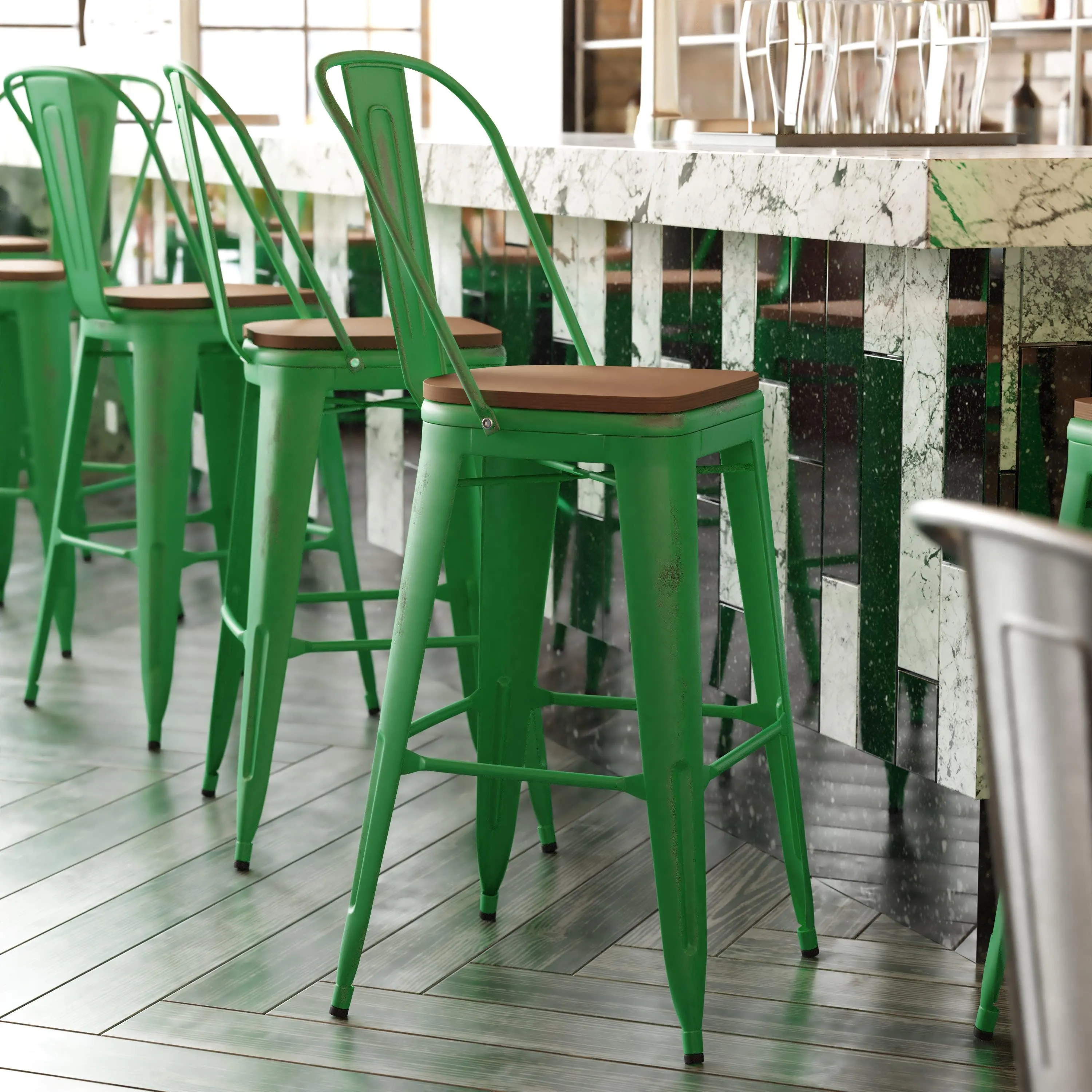 Carly Commercial Grade 30" High Metal Indoor-Outdoor Bar Height Stool with Back and Polystyrene Seat