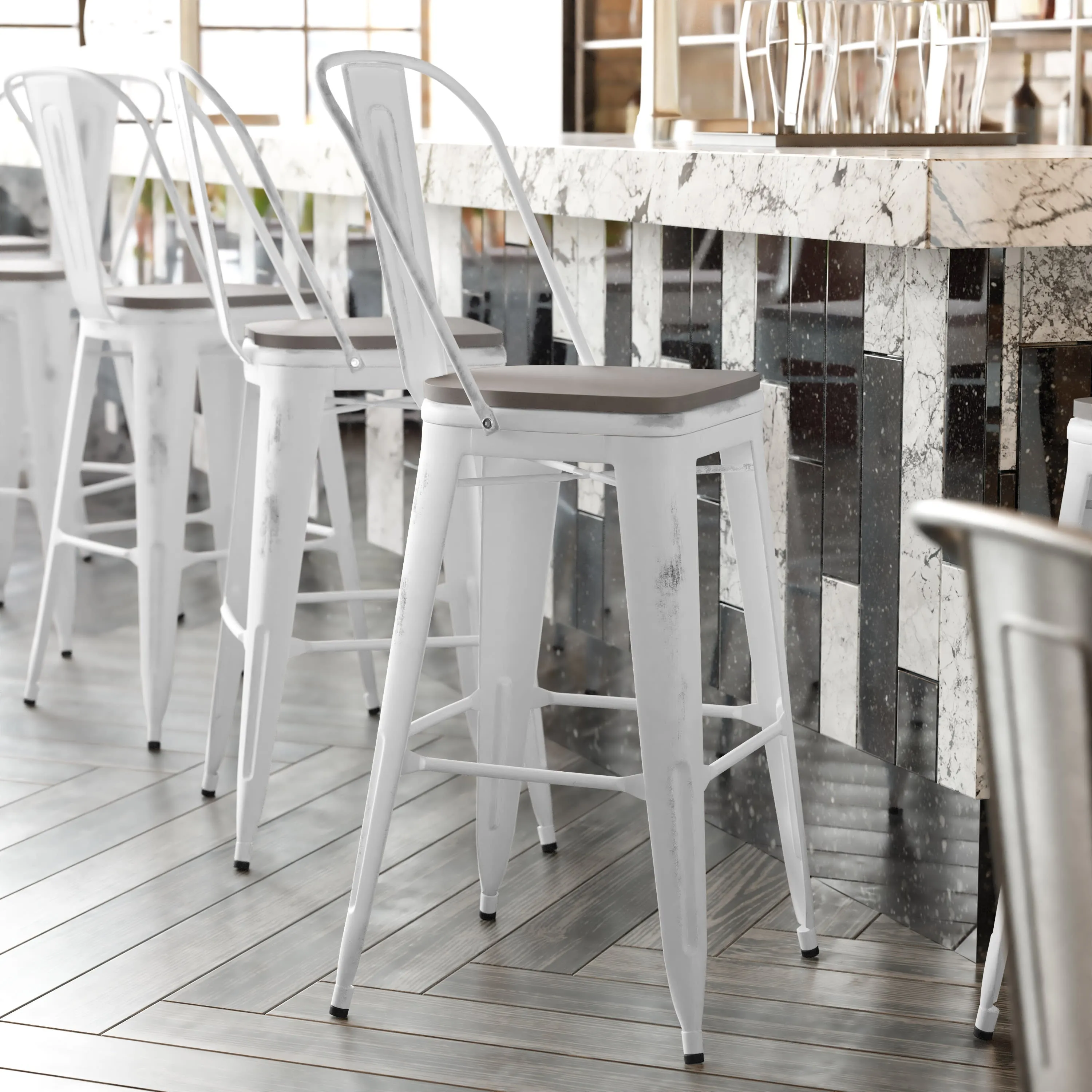 Carly Commercial Grade 30" High Metal Indoor-Outdoor Bar Height Stool with Back and Polystyrene Seat