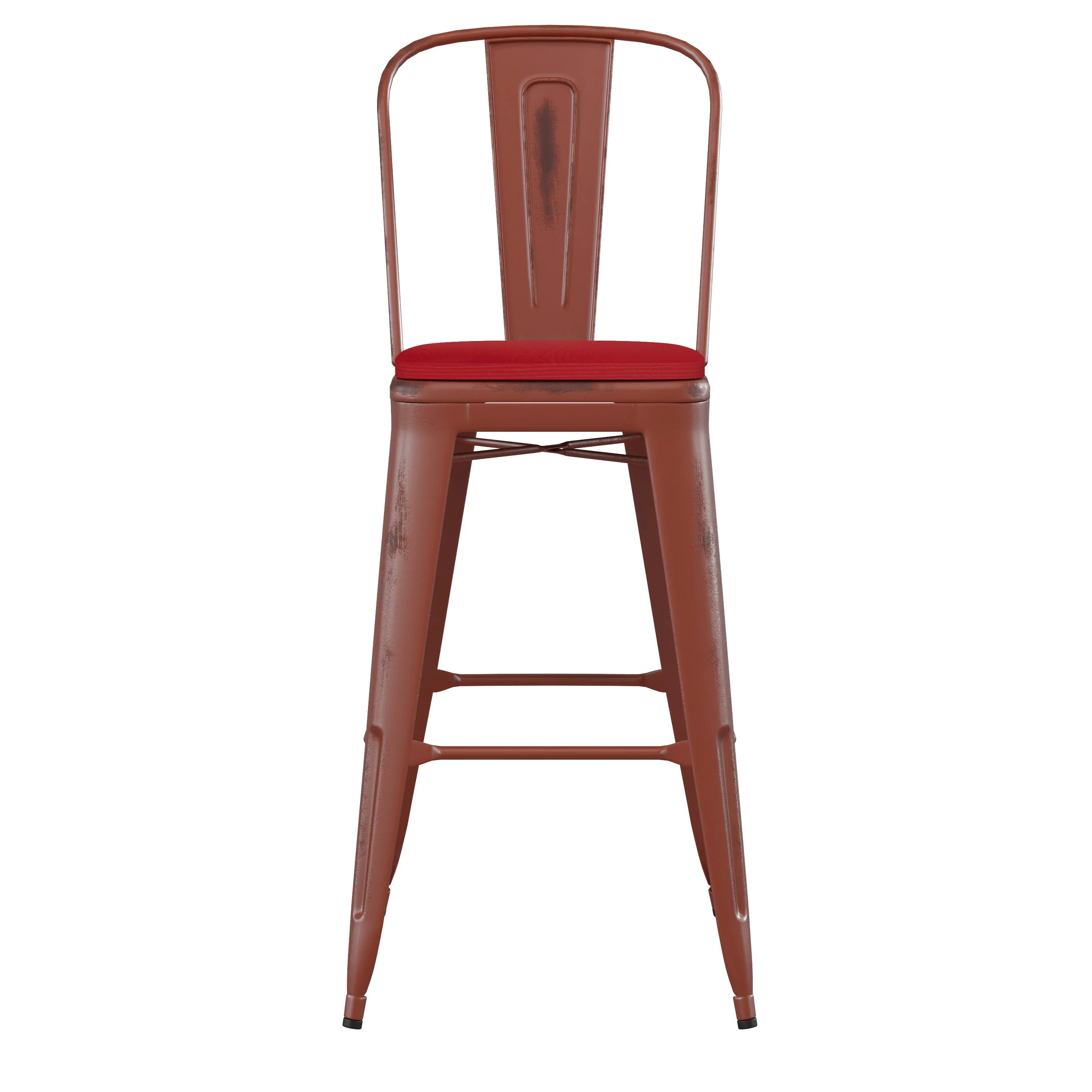 Carly Commercial Grade 30" High Metal Indoor-Outdoor Bar Height Stool with Back and Polystyrene Seat