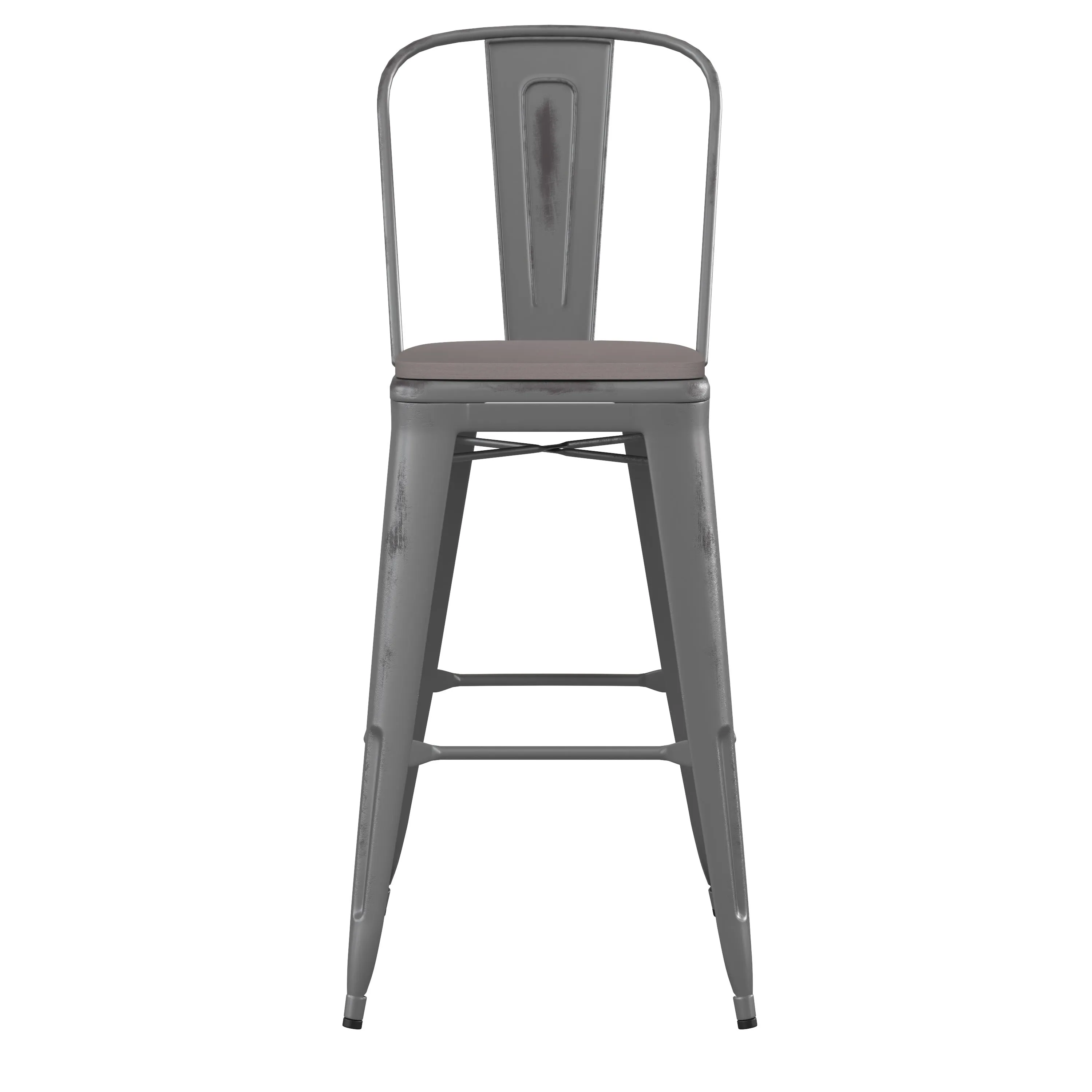 Carly Commercial Grade 30" High Metal Indoor-Outdoor Bar Height Stool with Back and Polystyrene Seat