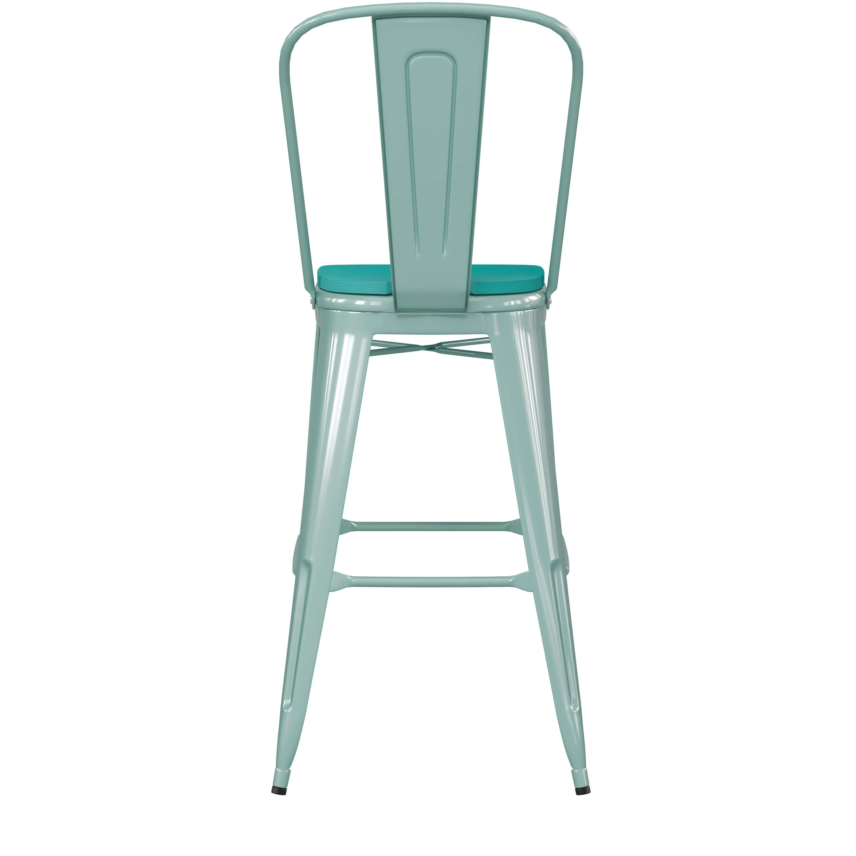 Carly Commercial Grade 30" High Metal Indoor-Outdoor Bar Height Stool with Back and Polystyrene Seat