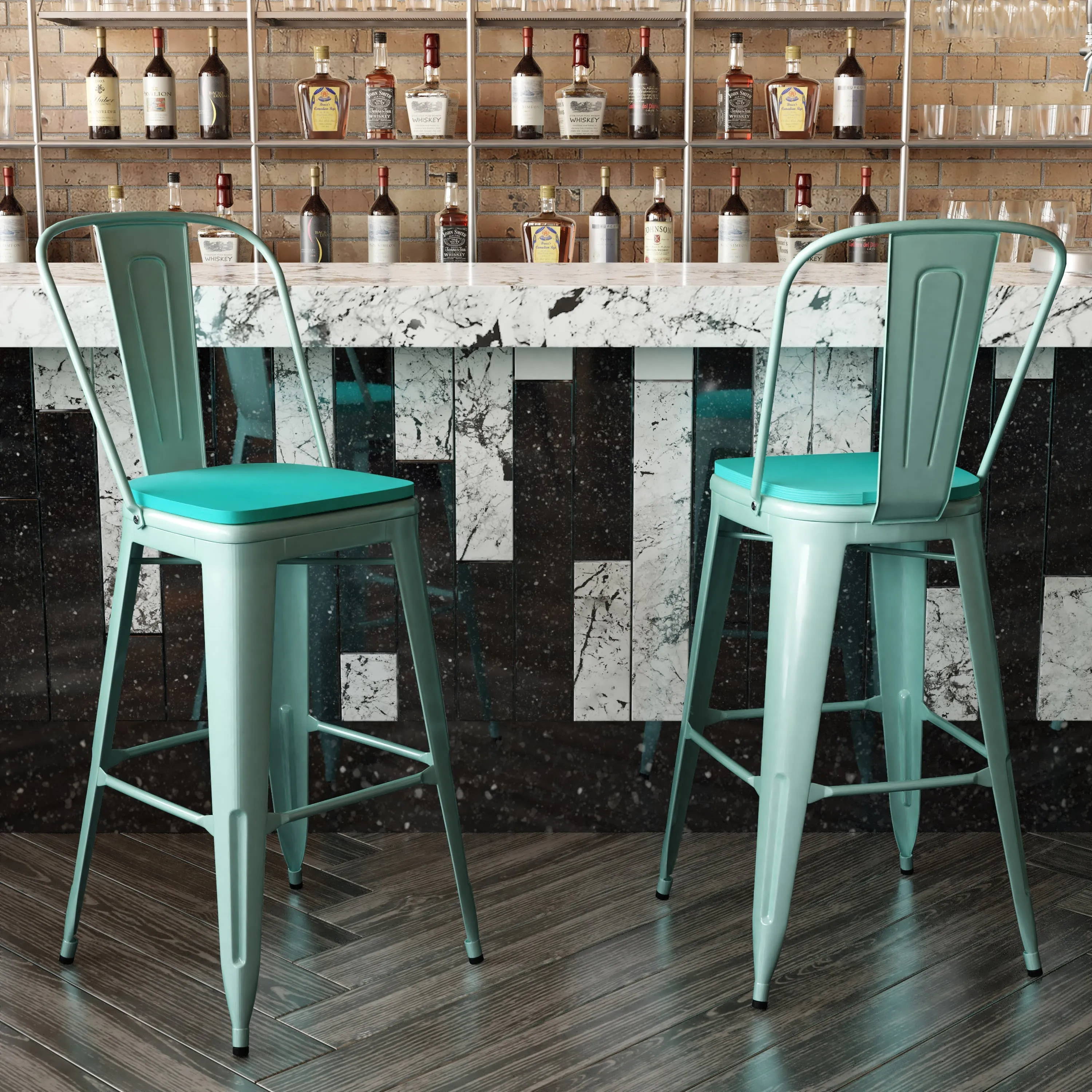 Carly Commercial Grade 30" High Metal Indoor-Outdoor Bar Height Stool with Back and Polystyrene Seat