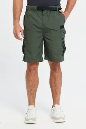 Men Olive Belted Active Shorts